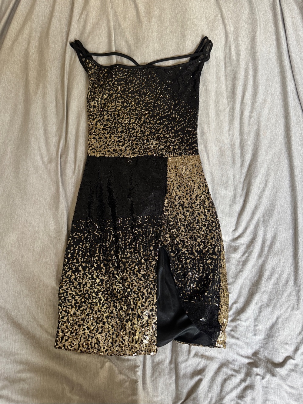 Black & Gold Sequin Cocktail Dress with Front Slit, Sheer Top and Opaque Bottom